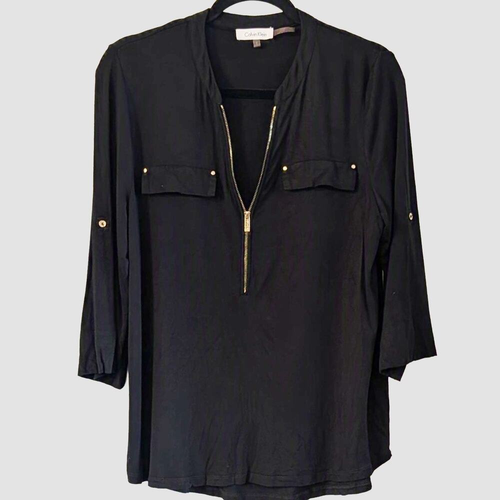 Calvin Klein Black Work Blouse M Gold Zip Roll Tab Sleeve Utility Top